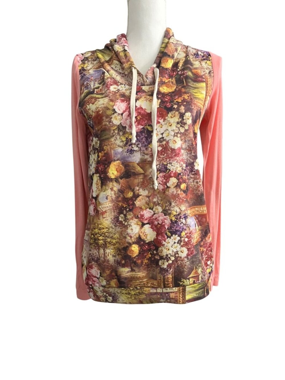 Floral Scenic Print Cottagecore Hoodie Pink Long Sleeve Pullover Top Size S